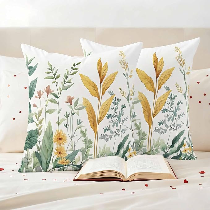 Outdoor Pillow Covers 16x16 Set of 2, Yellow Green Botanical Waterproof Patio Throw Pillow Covers for Couch Sofa Chair, Rustic Watercolor Leaves Decorative Pillowcases for Throw Pillows