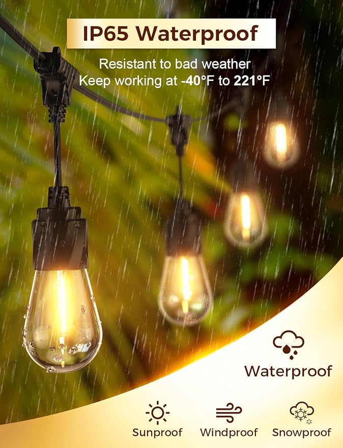 XMCOSY+ Outdoor String Lights, 120FT Patio Lights with 42 LED Bulbs | Waterproof commercial grade hanging lights for porch, backyard, gazebo, garden, outdoor decor