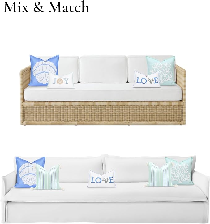 Hofdeco Premium Christams Coastal Patio Indoor Outdoor Lumbar Pillow Cover Only, 12"x20" Water Repellent for Backyard, Couch, Cornflower Blue Embroidered Love