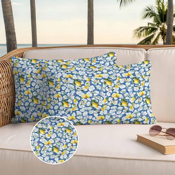 Yukro Summer Lemon Outdoor Waterproof Pillow Covers Pack of 2, Yellow Fruit White Flowers Country Plant Blue Throw Pillowcases Decorative Cushion Covers for Garden Patio Tent Sofa Couch, 20x12 inch