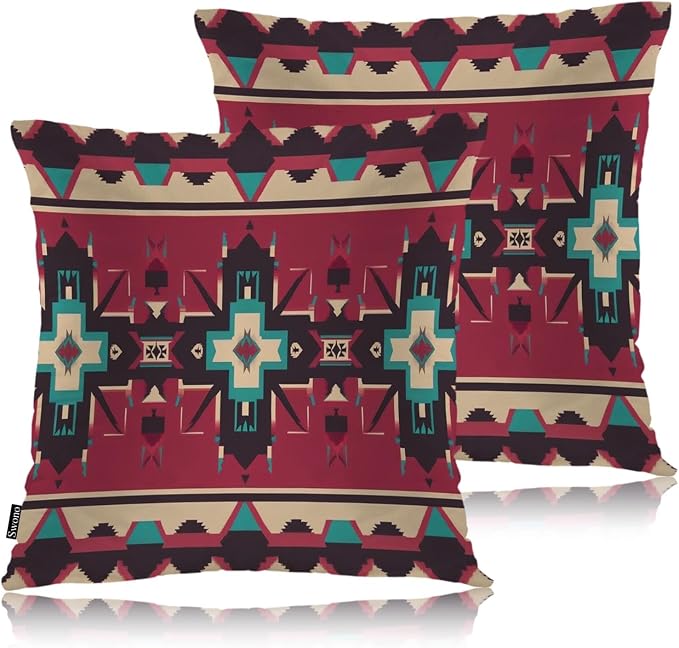 Swono Ethnic Geometric Decorative Throw Pillow Cushion Covers, Native American Style Aztec Pattern Cozy Pillowcase Home Decor Double-Sided Pillow Covers for Home Office Car 18x18 Set of 2, Red