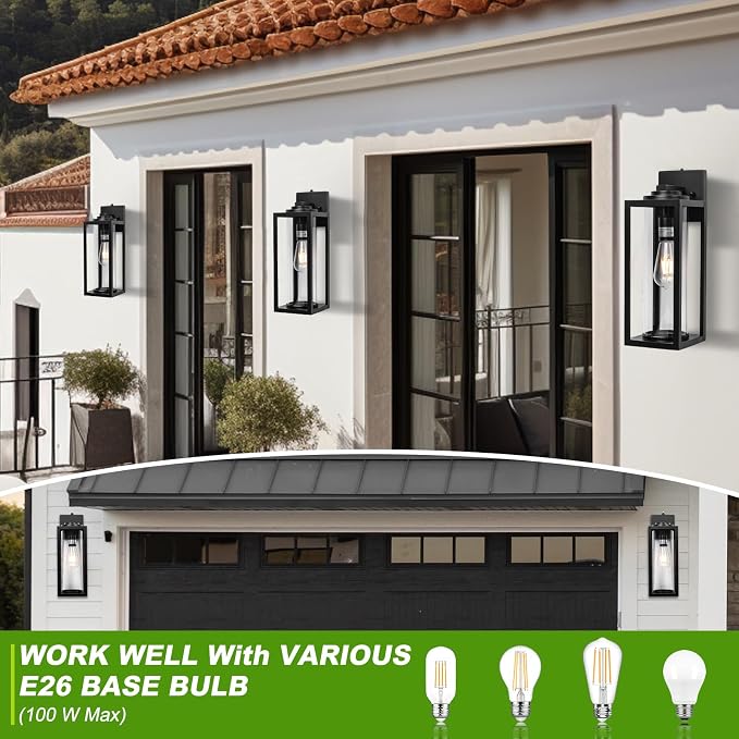 FILIYANO Large Dusk to Dawn Outdoor Wall Lights, 16 Inch, Modern, 2 Pack | Anti-Rust, Waterproof, Matte Black Exterior Fixture with Photocell, Farmhouse Wall Sconces for Garage, Porch, Front Door, E26