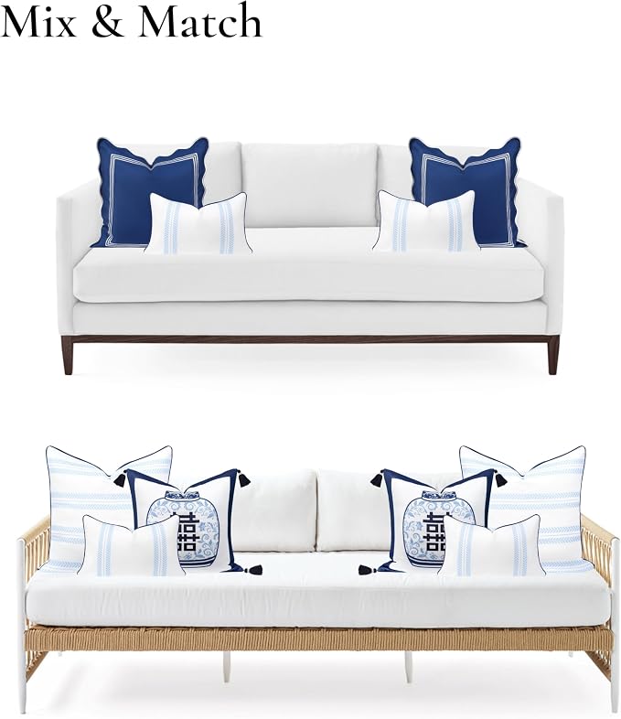 Hofdeco Premium Coastal Hampton Patio Indoor Outdoor Lumbar Pillow Cover Only, 12"x20" Water Repellent for Backyard, Couch, Poolside, Baby Blue Navy Print Leaf Striped