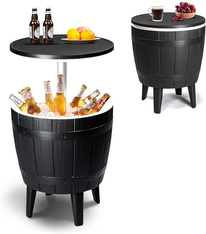 Outdoor Cooler Side Table,Height-Adjustable Cool Bar w/ 10 Gallon Beer and Wine Cooler, All-Weather Resistant Patio Ice Cool Bar for Deck Pool Party(Black)