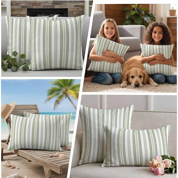 Sage Green Striped Outdoor Waterproof Pillow Covers, Farmhouse Stripes Modern Geometric Decorative Square Throw Pillowcase Sofa Cushion Sham for Patio/Couch/Chair, 18"x18" 2 Pack