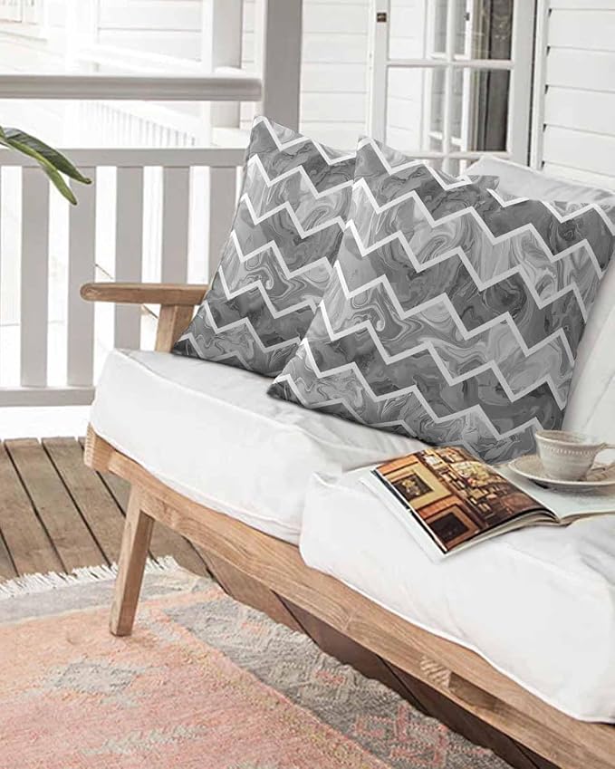 Outdoor Waterproof Throw Pillows Marble Gray Zigzag Ripple Chevron Patio Pillows Pack of 1,Decorative Pillow Covers with Insert,Pillow Cushion Case for Garden Couch Modern Geometric Abstract Pattern