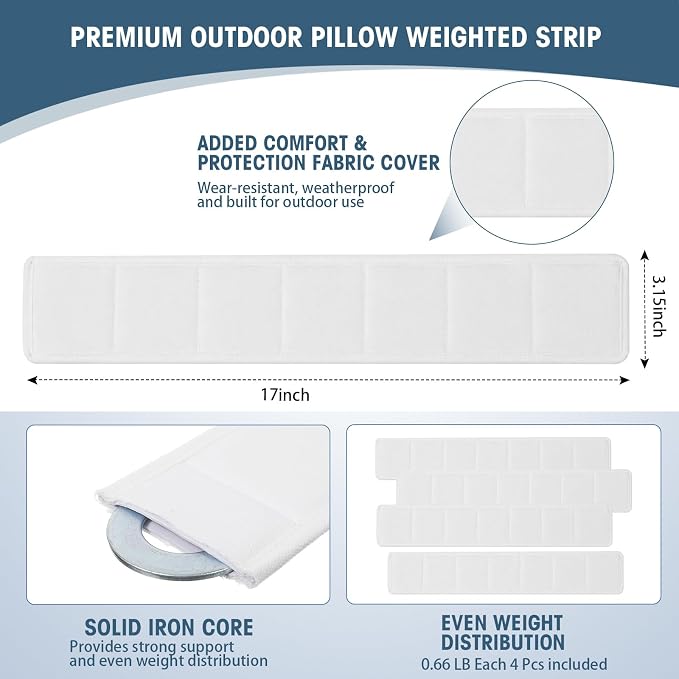 Novabright 4 Pcs Weighted Inserts Strip for Outdoor Pillows Wind Resistant Hidden Weighted Inserts Keep Pillows from Blowing Away Easy to Install Remove for Patio Deck Yacht Balcony Rooftop 17" x 3"