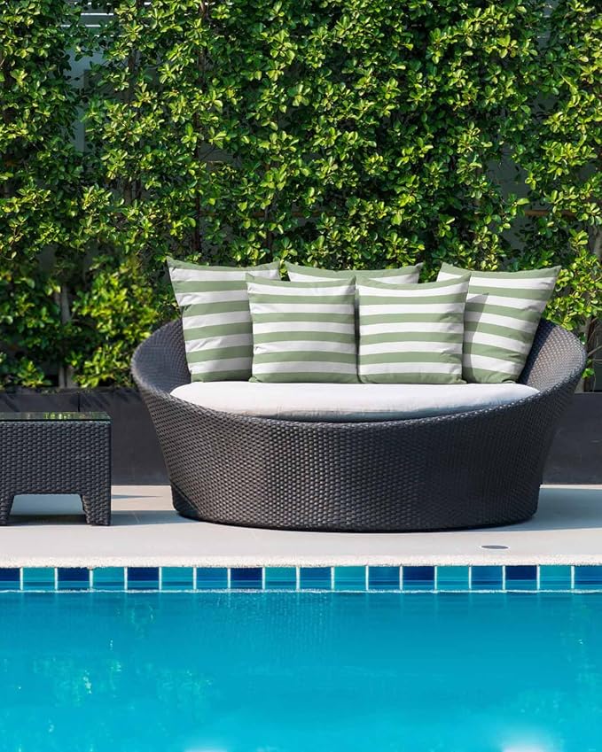 Outdoor Waterproof Throw Pillows Sage Green White Stripes Horizontal Lines Patio Pillows Pack of 1,Decorative Pillow Covers with Insert,Pillow Cushion Case for Garden Couch Sofa Modern Minimalism