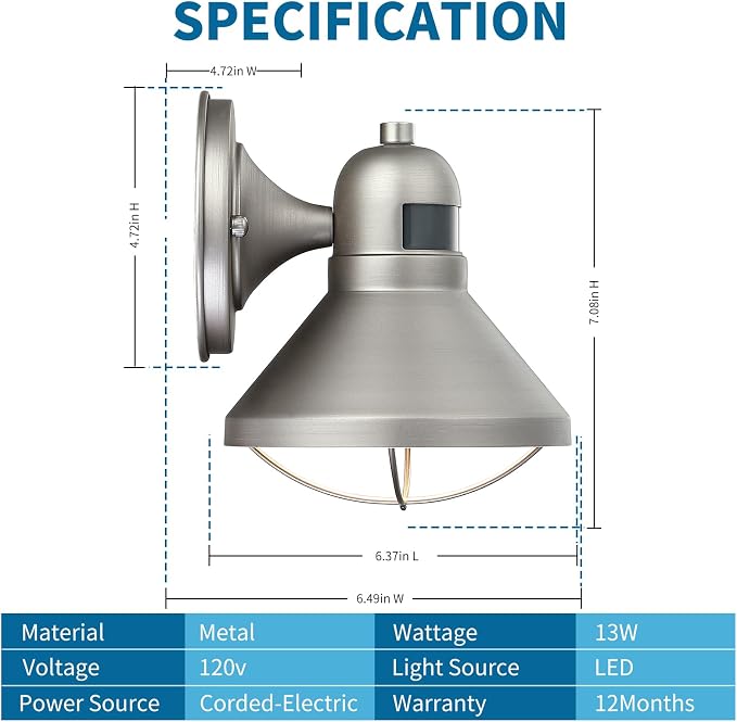 Motion Sensor Outdoor LED Wall Sconce Dusk to Dawn Exterior Barn Lighting | Silver Outside Porch Light Fixture Waterproof Farmhouse Wall Mount Lamp for House Garage Entryway