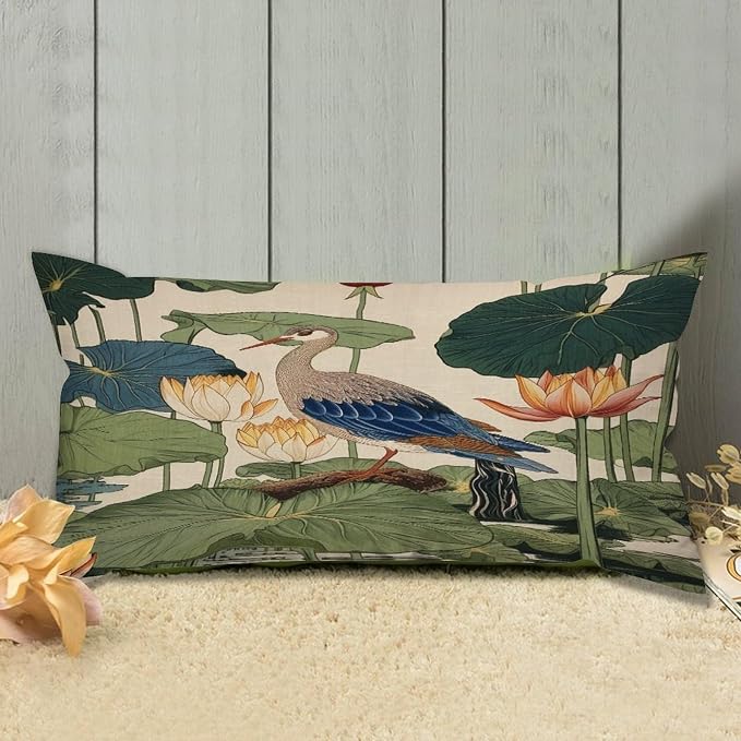 Zipped Pillow Cases for Home Decor Chinese Pond Bird Throw Pillow Cover Set of 2 Farmhouse Cushion Cover Cases for Living Room Club Home Decor 12x24in