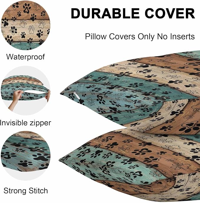 Outdoor Waterproof Throw Pillow Covers Set of 2 Dog Paw Pillowcases 16x16 Inches Pets Print Teal Brown Wood Grain Decorative Pillows Cushion Case Patio Pillows for Couch Bed Chair Garden
