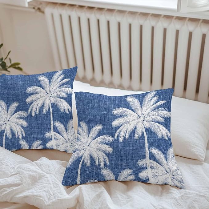 Outdoor Pillow Covers 16x16 Inch Set of 2, Navy Blue Palm Trees Waterproof Throw Pillow Covers, Farmhouse Tropical Summer Beach Decorative Cushion Pillowcases for Couch, Sofa, Bed, Garden, Patio