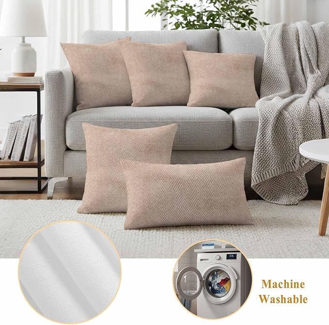 Beige Herringbone Outdoor Pillow Covers Set of 2 Modern Minimalist Woven Textured Waterproof Throw Pillow Cover Decorative Cushion Cases for Patio Porch Garden 26X26 Inch