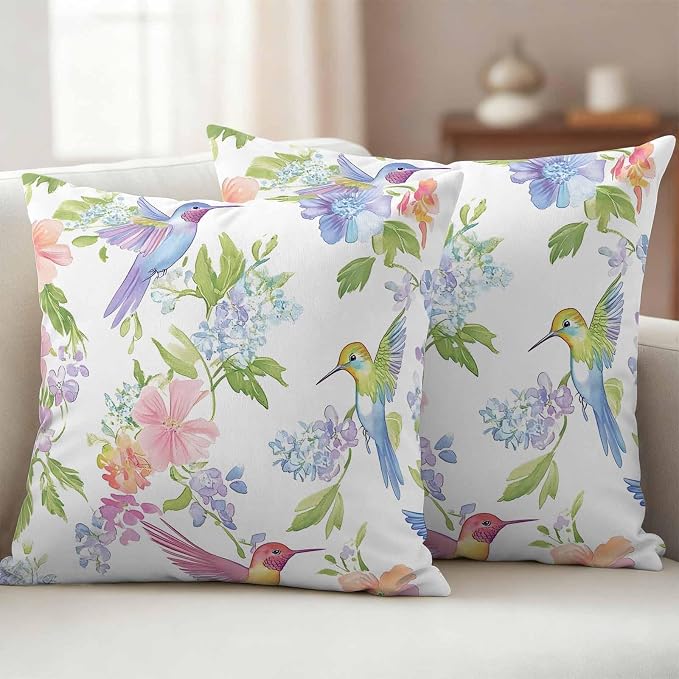 Spring Hummingbird Outdoor Waterproof Throw Pillow Covers Set of 2, 16"x16", Colorful Birds Floral Decorative Pillow Covers Outside Cushion Case for Patio Porch Garden