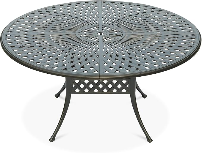 VIVIJASON Large 61" Patio Dining Table, Outdoor Round Dining Table Fits for 6-8 Person, Dark Bronze Cast Aluminum Rustic Patio Furniture Table with Umbrella Hole for Balcony, Porch and Deck