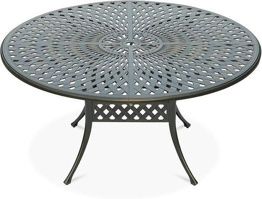 VIVIJASON Large 61" Patio Dining Table, Outdoor Round Dining Table Fits for 6-8 Person, Dark Bronze Cast Aluminum Rustic Patio Furniture Table with Umbrella Hole for Balcony, Porch and Deck