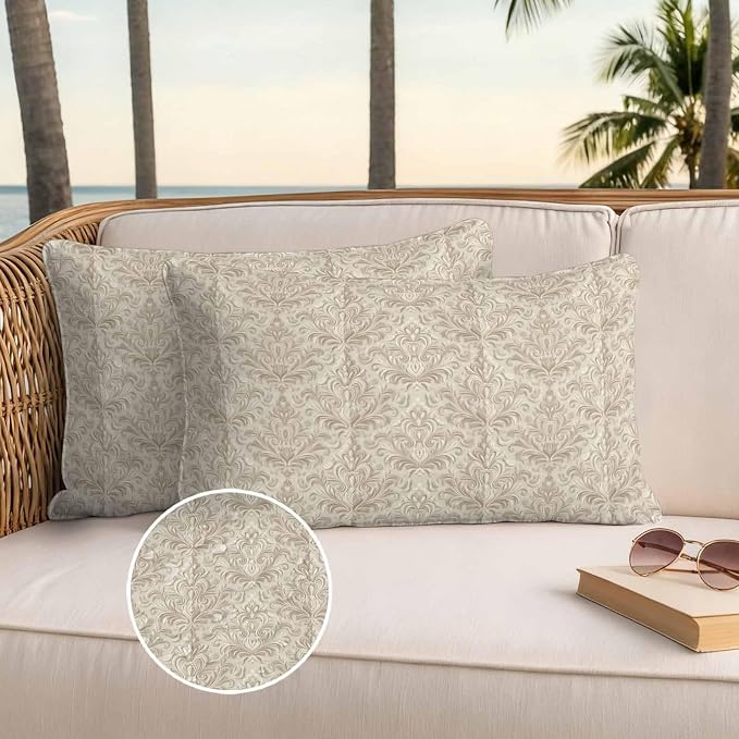Beige Baroque Waterproof Outdoor Pillow Covers Set of 2 Home Decor, Farmhouse Scroll Floral Pattern Art Pillowcase Patio Pillow Covers for Couch Bench Furniture Garden 20x12in