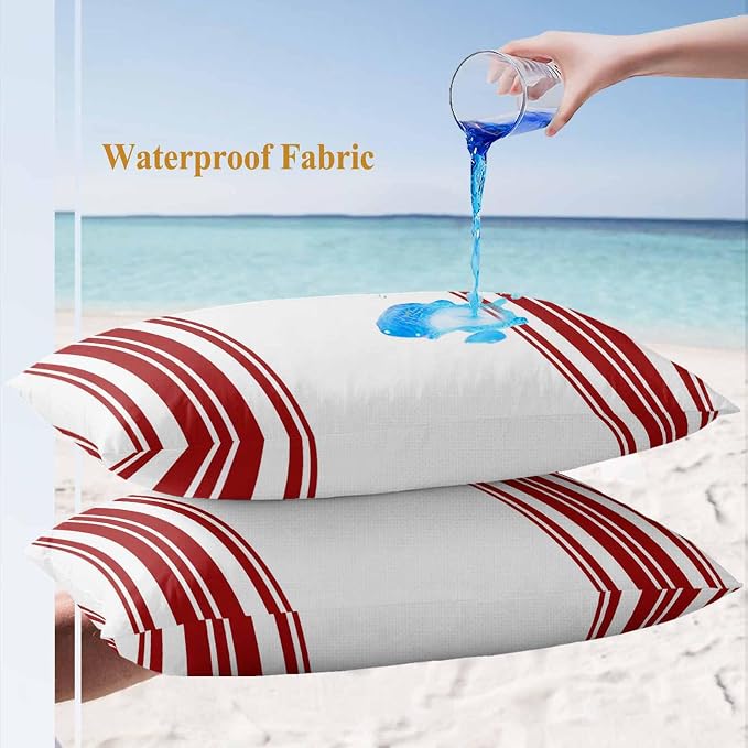 Outdoor Waterproof Throw Pillow Covers Set of 2 Red Stripes Lumbar Pillowcases 20x12 Inches White Vertical Striped Decorative Pillows Cushion Case Patio Pillows for Couch Bed Chair Garden