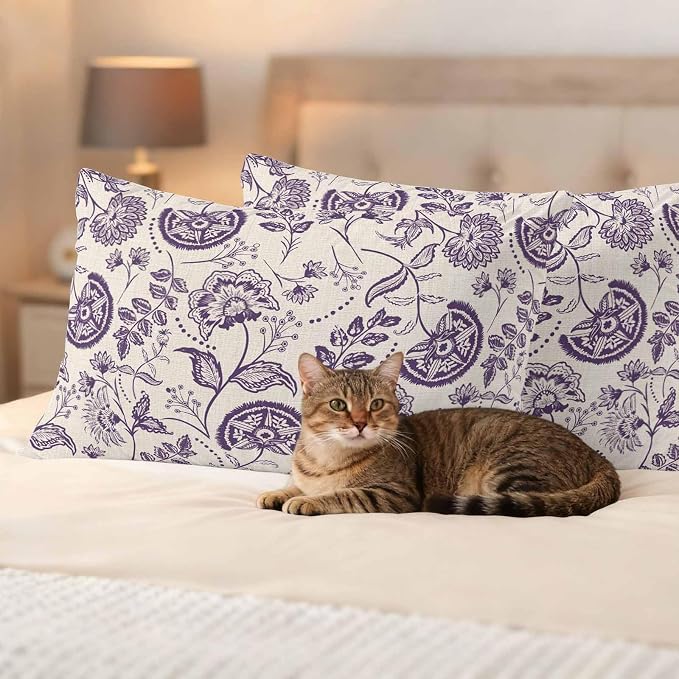 Outdoor Pillow Covers 20x12 Set of 2, Purple Spring Floral Waterproof Patio Throw Pillow Covers for Couch Sofa Chair, Summer Botanical Farmhouse Decorative Pillowcases for Throw Pillows