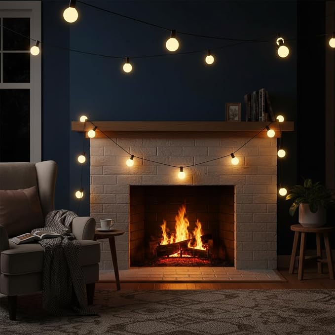 G40 Outdoor Frosted String Lights, 25FT, 25-Light, Black Wire | Soft Frosted Glow, IP44 Weatherproof, 5W Glass Incandescent Bulbs, E12 Bases, 2 Spares, End-To-End Connectable, for Bistro