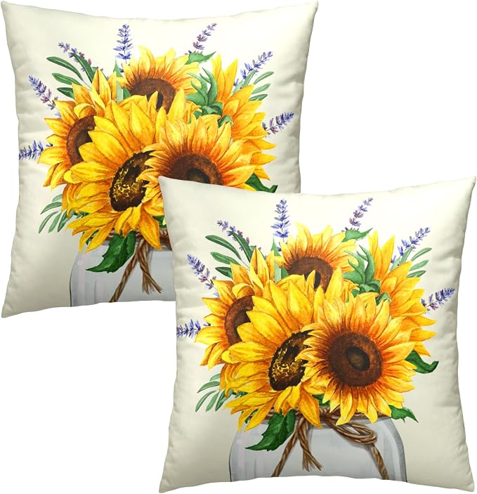 Sunflower Throw Pillows Covers 18 x 18 Inch - 2PCS Nature Summer Flower Vase Floral Decorative Square Pillowcases for Couch Sofa Bench Living Room Bedroom Decoration