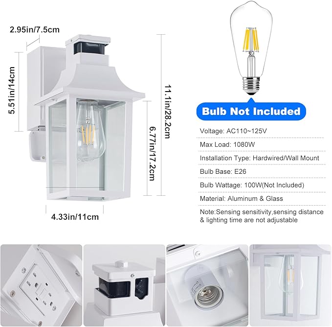 2 Pack White Porch Lights with GFCI Outlet, Dusk to Dawn Outdoor Lighting | 3-Mode Motion Sensor Outdoor Wall Light,Waterproof Aluminum Exterior Wall Sconces for House Front Door and Garage,Patio
