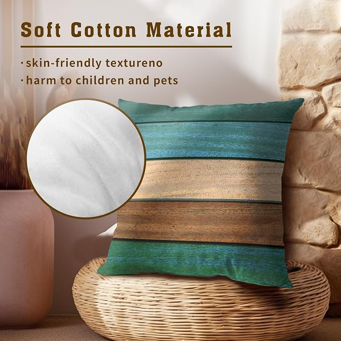 Teal Brown Wood Pillow Cover 20x20, Vintage Old Blue Board Grunge Panel Natural Lumber Plank Throw Pillowcases 2Pcs Decorative Cushion Cover for Home Couch Bed