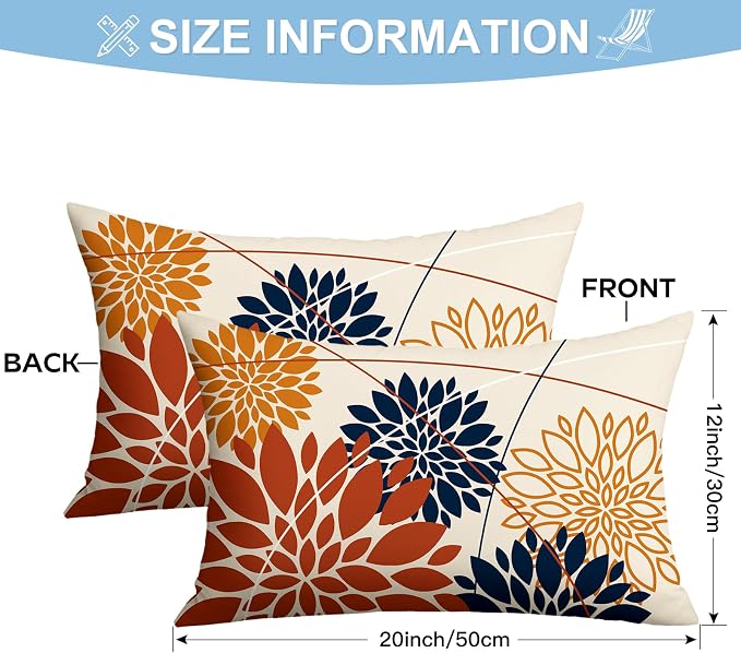 OTOSTAR Outdoor Orange Dark Blue Pillow Covers 12x20 Inch Set of 2 Flower Throw Pillows Farmhouse Geometric Dahlia Floral Lumbar Cushion Case Waterproof Decor for Sofa Patio Funiture Garden
