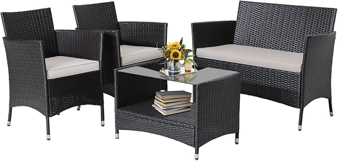 HAPPYGRILL 4 Pieces Rattan Patio Furniture Set, Mix Brown Wicker Sofa Set with Soft Seat Cushions, 2-Tier Tempered Glass Coffee Table, Outdoor Rattan Conversation Set for Backyard Poolside