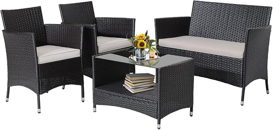 HAPPYGRILL 4 Pieces Rattan Patio Furniture Set, Mix Brown Wicker Sofa Set with Soft Seat Cushions, 2-Tier Tempered Glass Coffee Table, Outdoor Rattan Conversation Set for Backyard Poolside