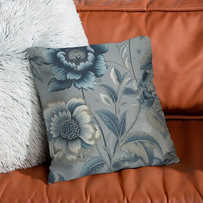 Spa On Flax Blue Chinoiserie Pillowcase Blue Grey Asian Flower Pillow Covers 18x18 INRetro Accent Outdoor Garden Decoration for Patio Couch Sofa Office