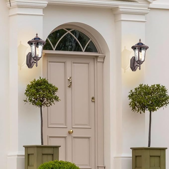 Outdoor Light Fixtures Wall Mount Dusk to Dawn Solar Exterior Wall Sconce Lanterns Remote Control with Water Ripple Glass Lamp Shade for Patio Yard House Hallway, 17'' Medium ORB Color