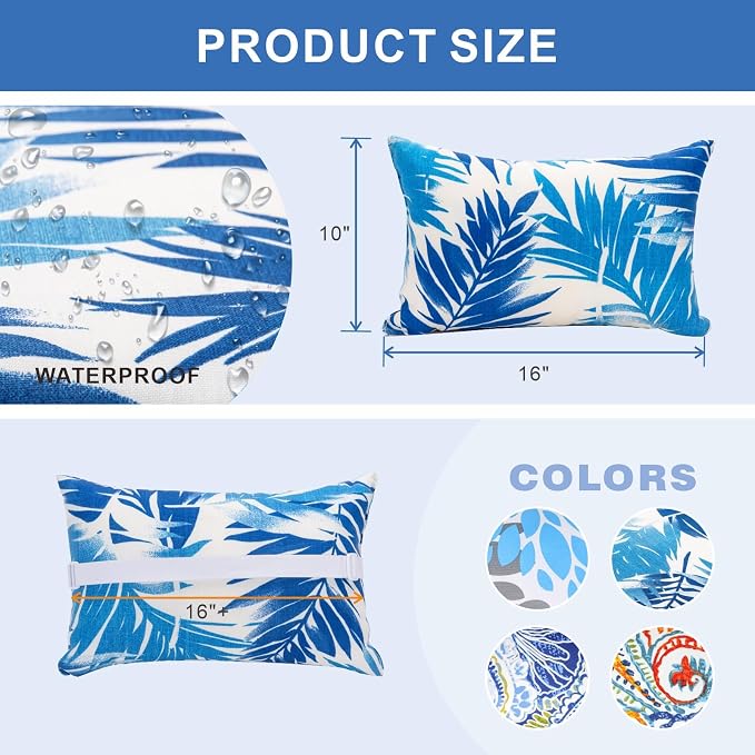 JMGBird Outdoor Patio Pillows Outdoor Pillows with Adjustable Straps | 10x16 Waterproof Outdoor Pillow covers with insert 2 Throw Pillows Headrest Cushions for Pool Patio Beach Chair