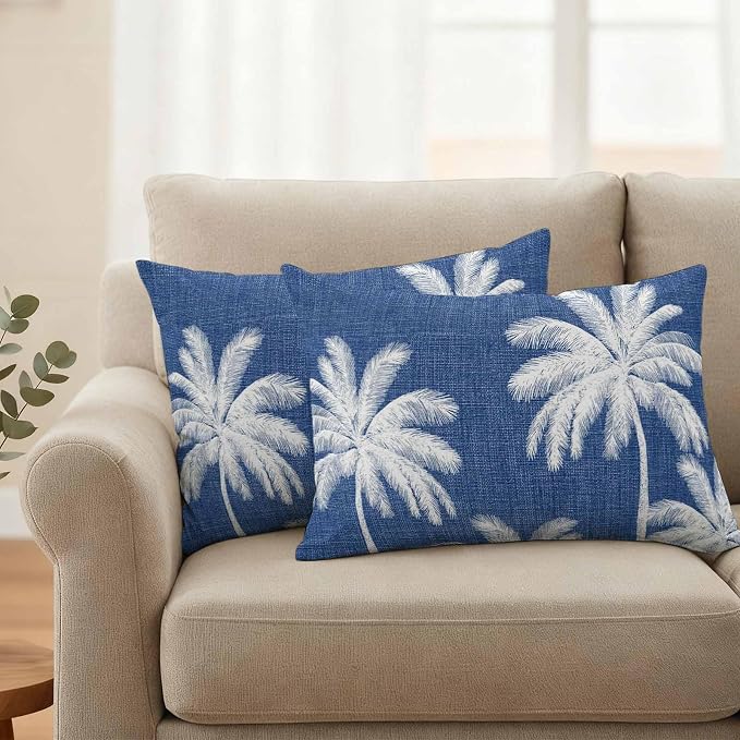 Lumbar Pillow Covers 20x12 Inch Set of 2, Navy Blue Palm Trees Waterproof Outdoor Pillow Covers, Farmhouse Tropical Summer Beach Decorative Cushion Pillowcases for Couch, Sofa, Bed, Garden, Patio