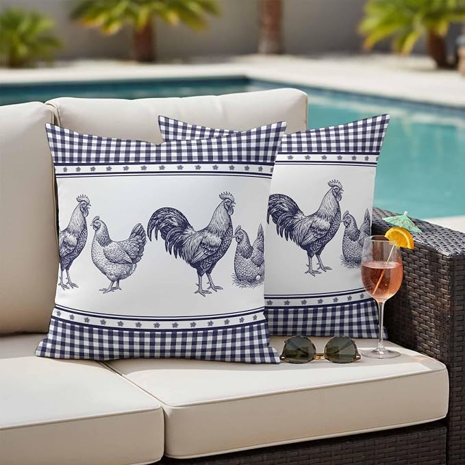 Navy Blue Rooster Outdoor Pillow Covers Waterproof, All Weather Cushion Case Set of 2, Vintage Farmhouse Blue Plaid Decorative Pillowcases for Sofa Couch Bed Decor Patio Furniture 16"x16"