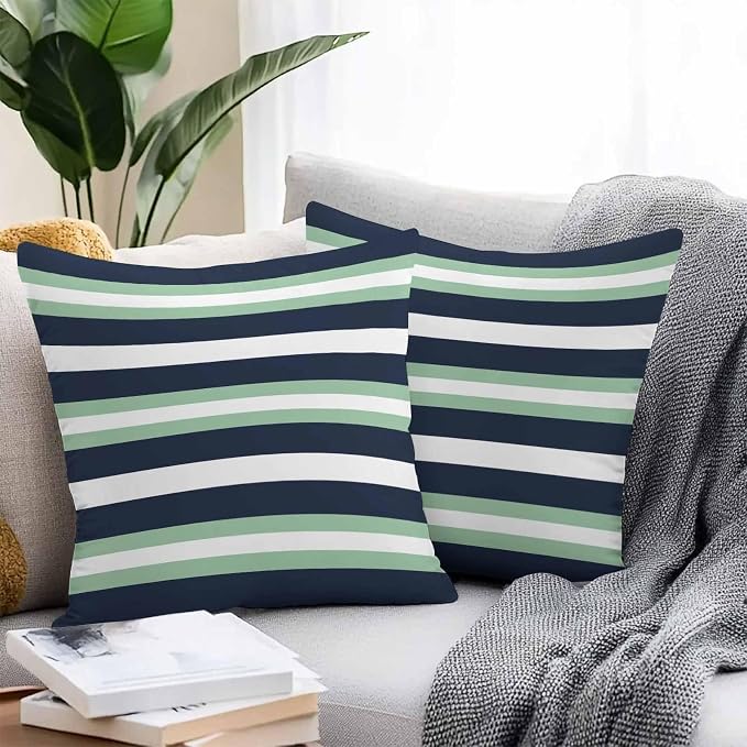 Green Navy Blue Striped Outdoor Pillow Covers Waterproof, All Weather Cushion Case Set of 2, Chic Abstract Lines Geometric Decorative Pillowcases for Sofa Couch Bed Decor Patio Furniture 18"x18"