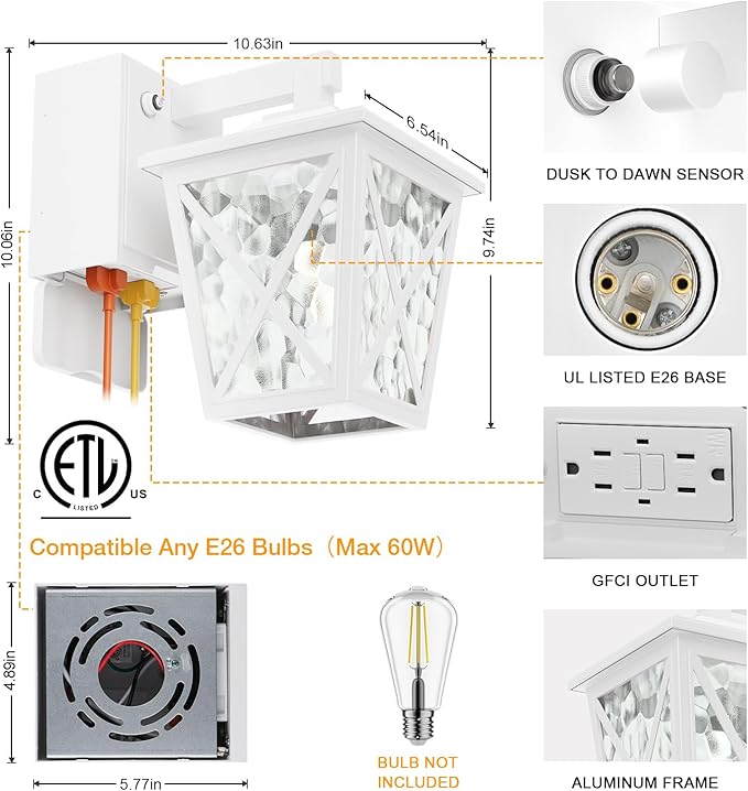 Ehaho Porch Lights with GFCI Outlet Aircraft Grade Aluminum Alloy-White 1PC | Dusk to Dawn Outdoor Lights Waterproof IP 68 Upgraded 3 Lighting Modes Exterior Light with Plug for Front Door Patio Garage