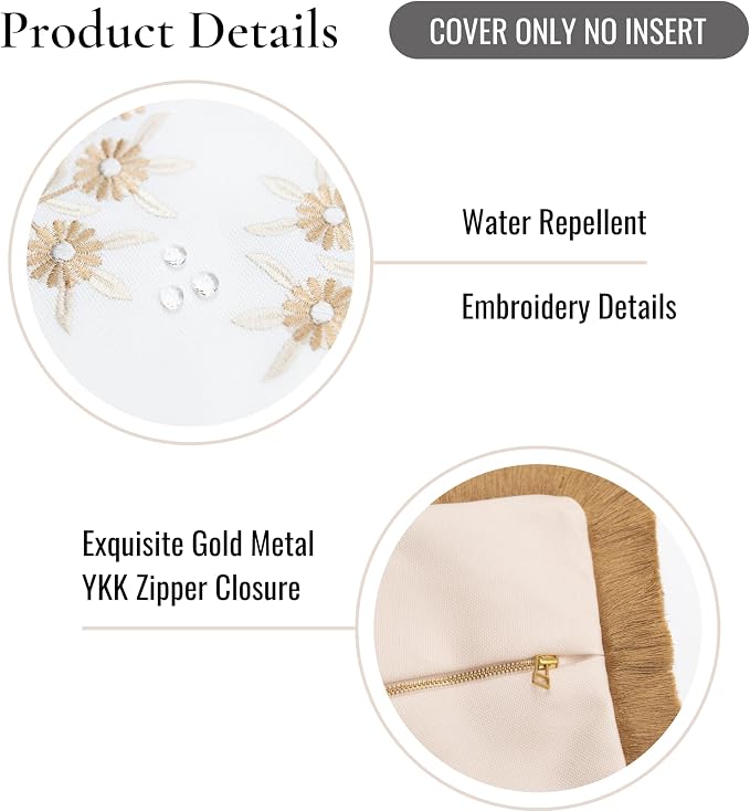 Hofdeco Premium Coastal Patio Indoor Outdoor Throw Pillow Cover Only, 20"x20" Water Repellent for Backyard, Couch, Neutral Tan Embroidered Floral with Fringe