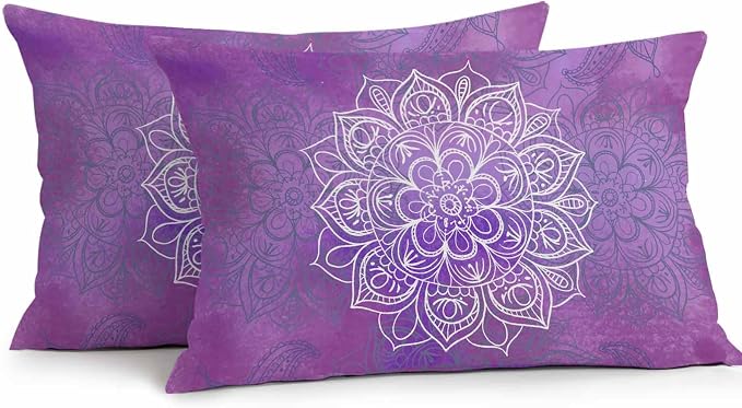 Vandarllin Outdoor Throw Pillows Covers 20x12 inch Set of 2 Waterproof Purple Boho Floral Decorative Zippered Cushion Covers for Patio Furniture, Bohemian Flower Lumbar Pillowcases