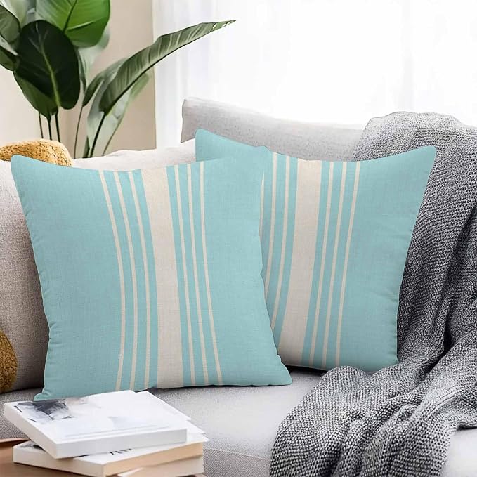 Throw Pillow Covers 16x16 Inch Set of 2, Aqua Beige Striped Waterproof Outdoor Cushion Covers, Modern Farmhouse Retro Lines Decorative Pillowcases for Couch, Sofa, Bed, Garden, Patio