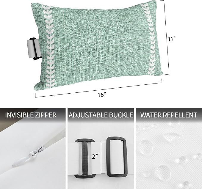 Mint Green Outdoor Lumbar Pillows 11x16 Set of 2, Modern Minimalist Stripes Linen Texture Waterproof Throw Pillow Covers with Insert, Decorative Pillowcase Cushion for Couch Sofa Bed
