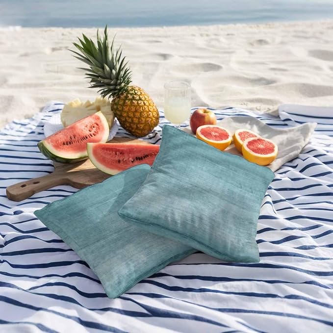 Vandarllin Outdoor Throw Pillows Covers 24x24 inch Set of 2 Waterproof Turquoise Linen Decorative Zippered Cushion Covers for Patio Furniture, Solid Color Texture Lumbar Pillowcases