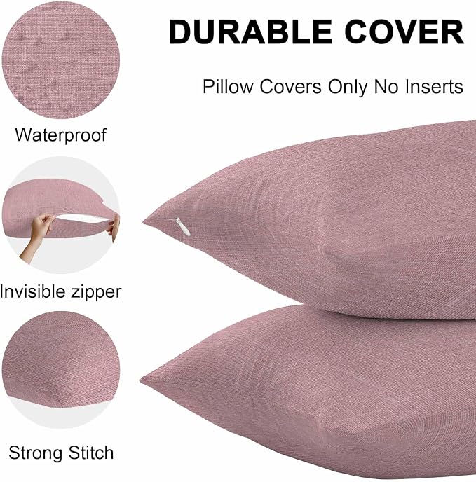 Vandarllin Outdoor Throw Pillows Covers 20x12 inch Set of 2 Waterproof Pink Linen Decorative Zippered Cushion Covers for Patio Furniture, Farmhouse Pure Color Lumbar Pillowcases