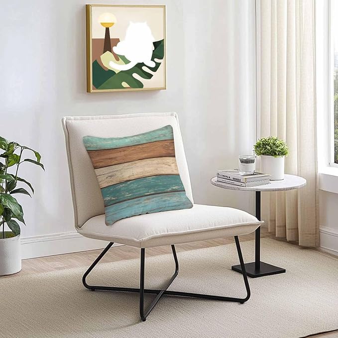 Outdoor Throw Pillows Covers 26X26 Set of 2 Waterproof Teal Turquoise Green Brown Decorative Zippered Cushion Covers for Patio Furniture, Farmhouse Retro Rustic Barn Wood Texture Lumbar Pillowcases