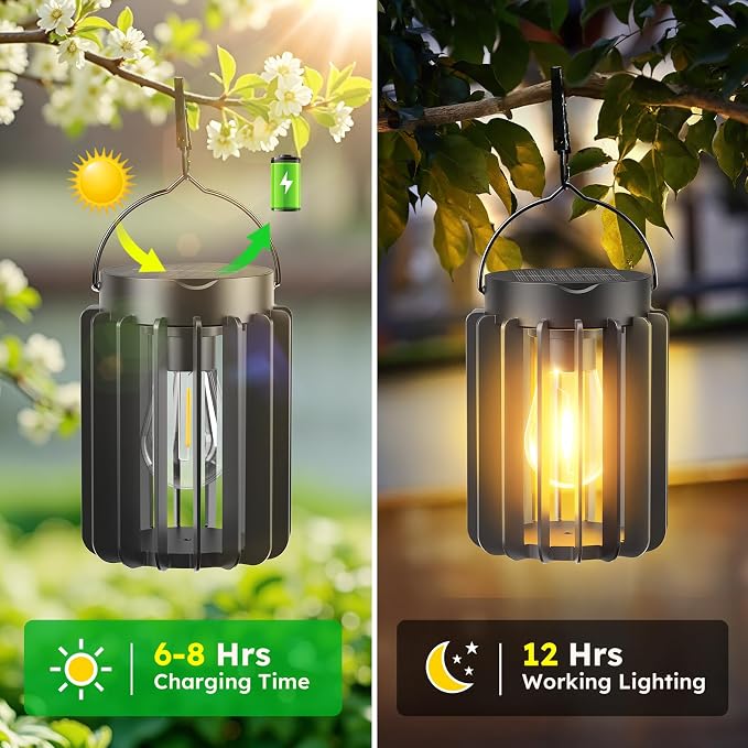 2 Pack Solar Lanterns Outdoor Waterproof, Metal Hanging Lantern, Black | 12-Hr Runtime Outdoor Solar Lantern, Auto On At Dusk, High Bright Hanging Solar Lights for Garden Porch Patio Yard Decor