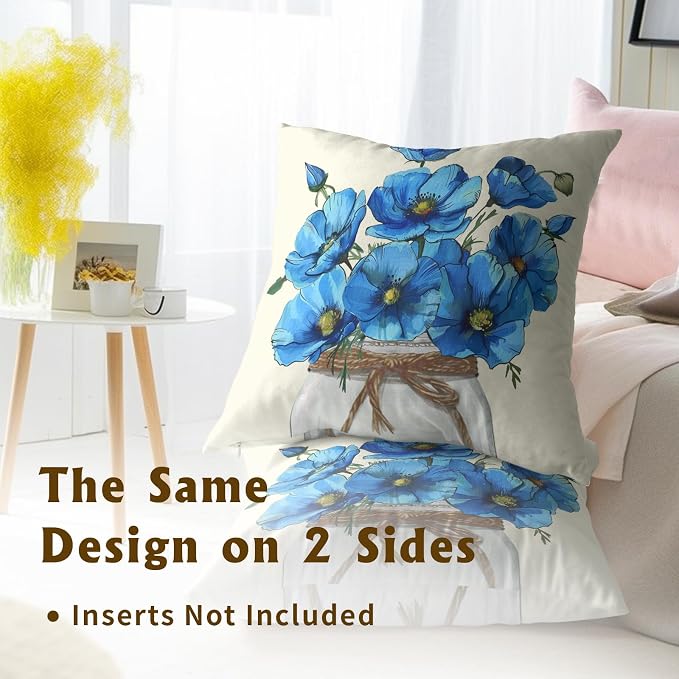 Blue Floral Throw Pillow Covers 22x22 Inch Set of 2, Beautiful Poppy Flowers Decorative Pillowcase Zippered Squre Cushion Cover Farmhouse Decor for Sofa Couch Living Room Outdoor