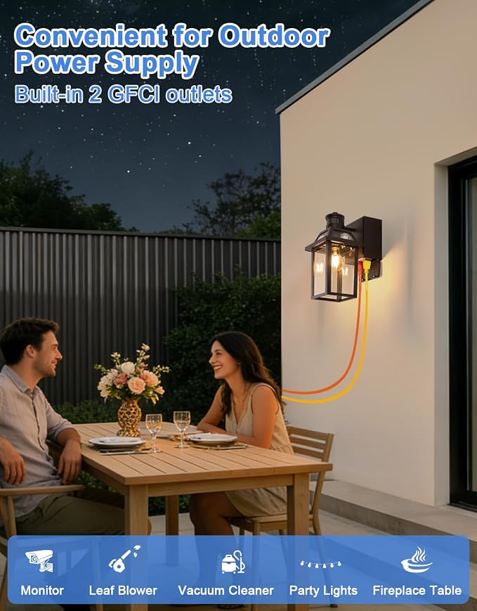 Porch Light with GFCI Outlet and Remote, Motion Sensor, Brown, 1 Pack | Dusk to Dawn Motion Sensor Outdoor Light 4 Lighting Modes Exterior Fixture Outside Lights for Porch Garage House