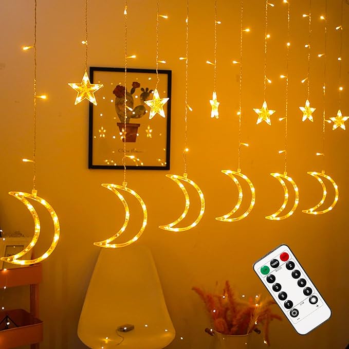 Dazzle Bright Ramadan Curtain String Lights, 138 LED 8.2ft x 3.2ft Warm White Star Moon 8 Lighting Modes Fairy Lights with Remote for Bedroom Wall, Wedding, Outdoor Party, Ramadan Decorations