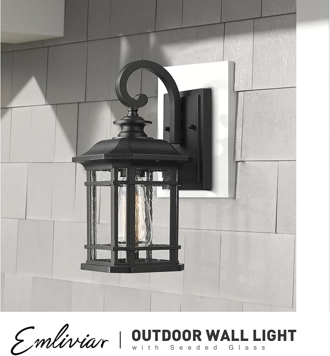Emliviar Outdoor Wall Lanterns 2 Pack, 1-Light Exterior Wall Mount Light, Black Finish with Clear Seedy Glass, 2084B-2BK