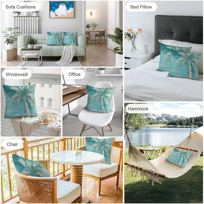 Coastal Beach Tree Green Outdoor Waterproof Pillow Covers, Vintage Tropical Flower Plant Decorative Square Throw Pillowcase Sofa Cushion Sham for Patio/Couch/Chair, 26"x26" 2 Pack